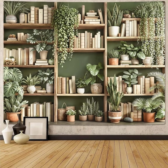 Green Plant Bookshelf Tapestry Botanical Bookshelf Tapestries Wall Hanging Modern Potted Plants Bookshelf Backdrop Large Tapestry for Bedroom Living Room Dorm 40 x 30 inch