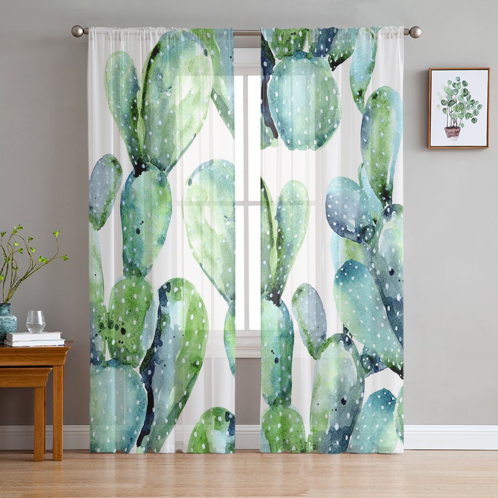 Picture of Green Plant Cactus Watercolor Style Tulle in Sheer Curtains for Living Room Bedroom Kitchen ...