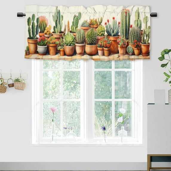 Green Plant Curtain Valances for Kitchen Windows Boho Potted Plant Cactus Succulent Window Valance for Living Room Bedroom, Kitchen Valance Rod Pocket Window Decor Curtain 54 by 18 in, 1 Panel
