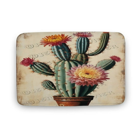 Green Plant Decor Cacti Decor Cactus With Flower Print Bath Rug, Coral Velvet, 16"x24",Machine Washable Bath Mats for Bathroom Floor, Tub and Shower, Home Decor Accessories
