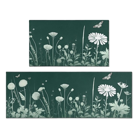 Green Plant Floral Butterfly Kitchen Rugs Set, 17x29 +17x47, Cushioned and Non-Skid, Washable for Kitchen, Living Room, Office Gift for Friends, Family