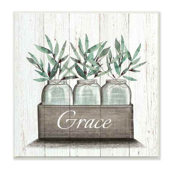 Stupell Industries Green Plant Foliage in Jars with Grace Sentiments,12 x 12,Designed by Elizabeth Tyndall