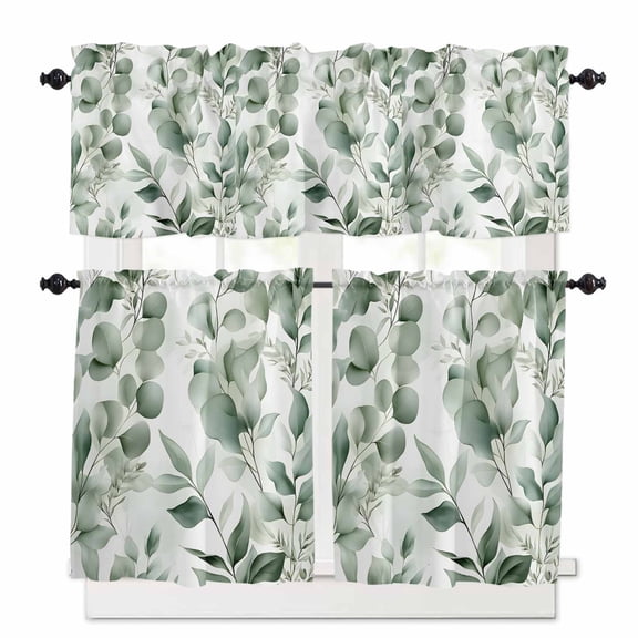 Green Plant Kitchen Curtains Valances and Tiers Set of 3, 24 Inch Length Tier Curtains and Valance Rod Pocket Valance Curtains Set for Kitchen Bathroom Small Windows