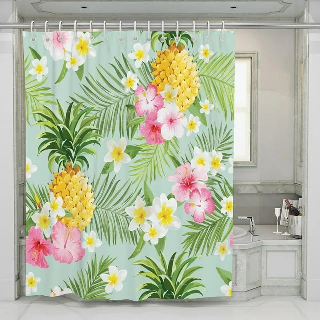 Green Plant Leave Shower Curtains Tropical Fruit Pineapple Palm Leaf