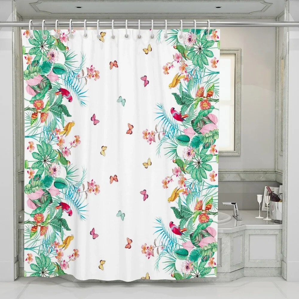 Green Plant Leave Shower Curtains Tropical Fruit Pineapple Palm Leaf