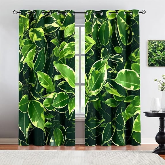 Green Plant Leaves Blackout Curtains, European Green Leaf Texture Print ...