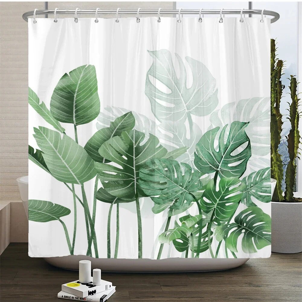 Green Plant Leaves Print Shower Curtains Watercolor Boho Floral