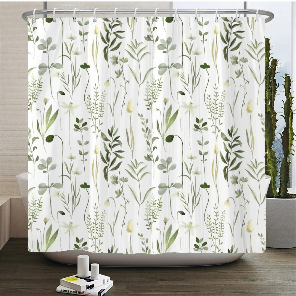 Youyouplus Watercolor Floral Shower Curtain - 70.8x70.8 Inch, Waterproof Polyester, Green Leaves Pattern, 12 Hooks - View #4