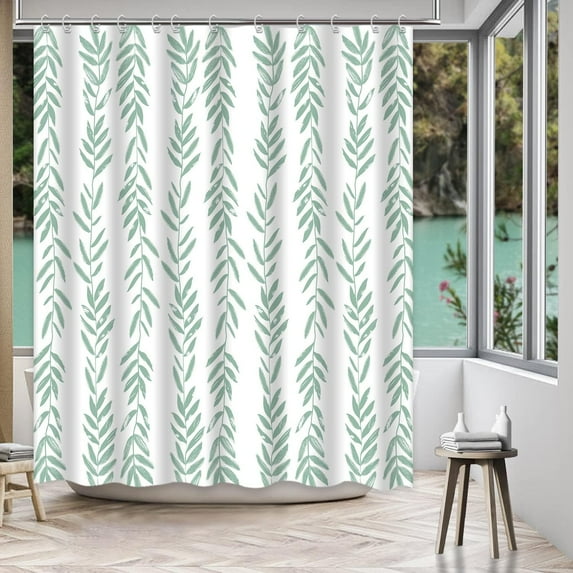 Green Plant Leaves Shower Curtain Modern Abstract White Minimalist Shower Curtain Boho Neutral Waterproof Polyester Fabric Bathroom Decor Shower Curtain Set, 72 x 72 Inches