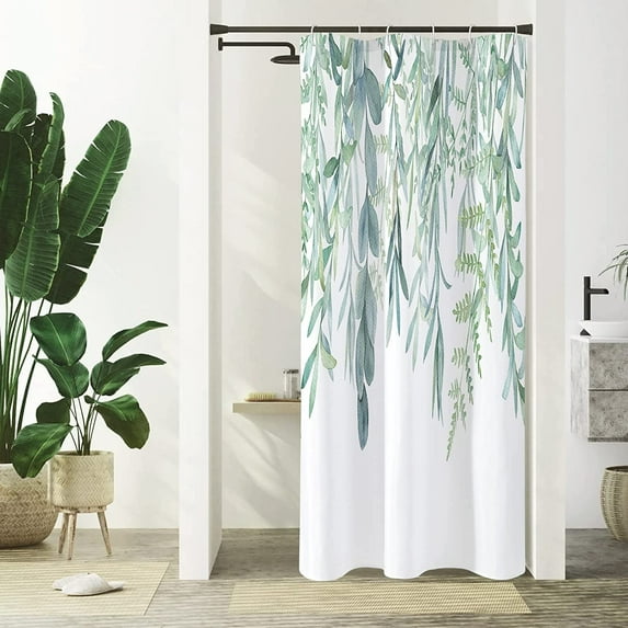 Green Plant Leaves Shower Curtain, Spring Sage Green Eucalyptus Leaf Succulent Botanical Country Watercolor Floral Bathroom Fabric for Shower Curtain Set with Hooks, 72x72