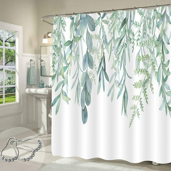 Green Plant Leaves Shower Curtain, Spring Sage Green Eucalyptus Leaf Succulent Botanical Country Watercolor Floral Bathroom Fabric for Shower Curtain Set with Hooks, 72x72