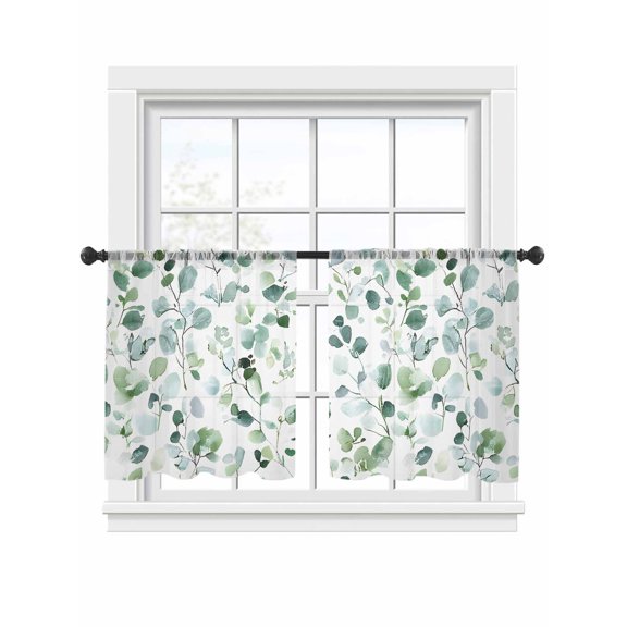 Green Plant Sheer Curtains 45 Inch Long 2 Panels, Eucalyptus Leaf Watercolor Farm Light Filtering Rod Pocket Semi Sheer Curtains, Sheer Voile Drapes for Living Room Bedroom, 52"x45"