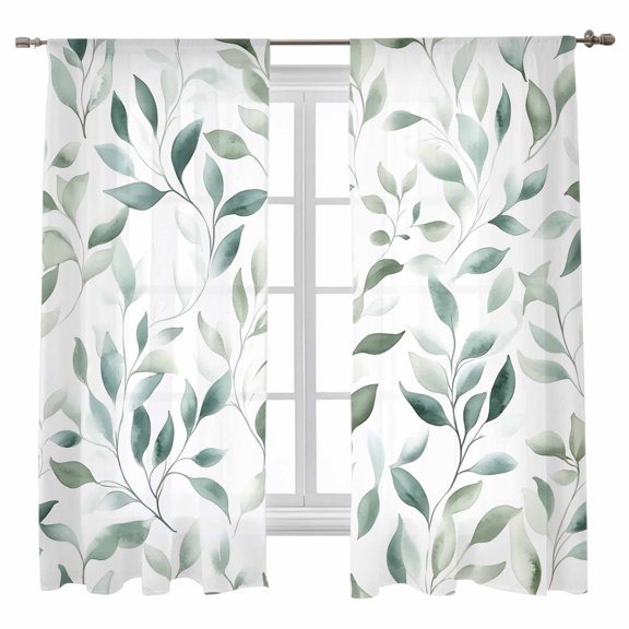 Green Plant Sheer Curtains 63 inches Long 2 Panels Set Eucalyptus Leaf Farm Watercolor Sheer Window Curtain Rod Pocket Voile Drapes for Living Room/Bedroom, Each 52" W x 63" L