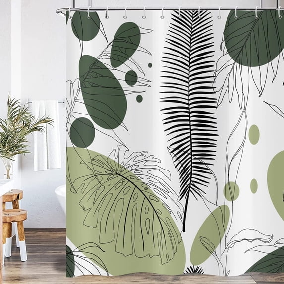 Green Plant Shower Curtain Abstract Leaves Boho Botanical Shower Curtains for Bathroom Tropical Palm Leaf Bath Curtain with Hooks Waterproof Fabric 72Wx84L