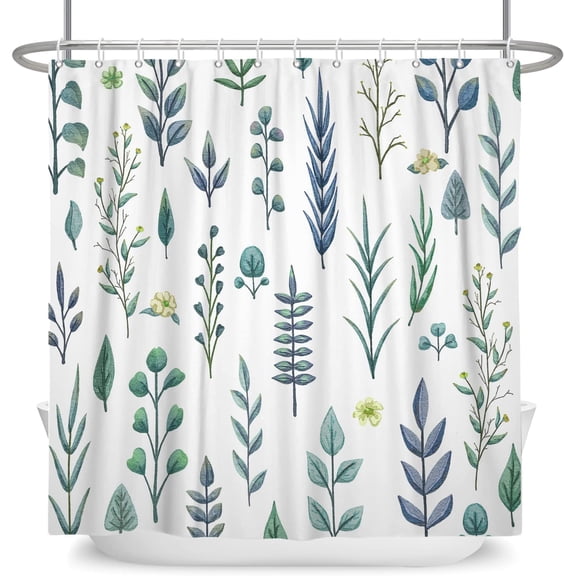 Green Plant Shower Curtain Floral Leaf Watercolor Bathroom Curtain Flower Stall Herb Aesthetic Green Leaf Shower Curtain Set with Hooks for Bathroom, 36" Wx72 L, Blue