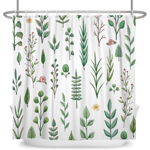 Green Plant Shower Curtain Floral Leaf Watercolor Bathroom Curtain Flower Stall Herb Aesthetic Green Leaf Shower Curtain Set with Hooks for Bathroom, 72" Wx84 L, Green