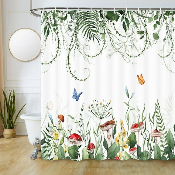 Green Plant Shower Curtain, Mushrooms Butterfly Floral Shower Curtain with Hooks, Botanical Wildflowers Bathroom Curtain 69W X 70L Inch
