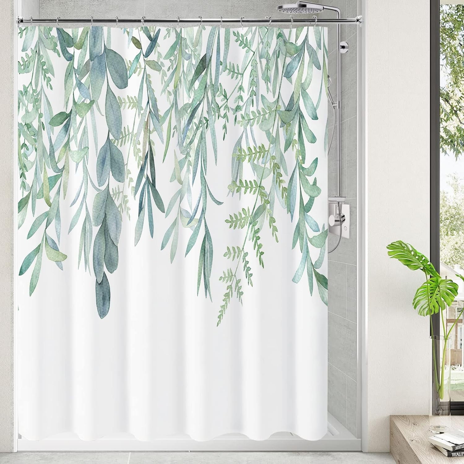 Green Plant Shower Curtain, Sage Green Eucalyptus Leaf Shower Curtain