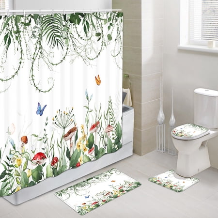 Green Plant Shower Curtain Set and Rugs 69x70 Inch, Mushrooms Butterfly Floral Bathroom Mat Set with Bath Rug Mat, Contour Mat and Toilet Lid Cover