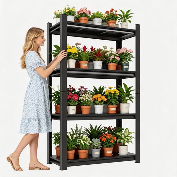 Green Plant Storage Rack, 4-Tier Flower Pot Storage Rack, Upgraded Reinforced Double-Layer Column, Adjustable Metal Flower Stand, 3000lb, Floral Display Stand, Ideal for Living Room Balcony Bedroom