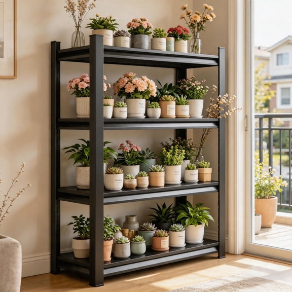 Green Plant Storage Rack, 4-Tier Heavy-Duty Metal Flower Stand, Thickened Panel & Double-Reinforced Column, Plant Storage, 3000 lbs Adjustable Plant Stand for Balcony Courtyard & Home, 14"W*12"D*44"H