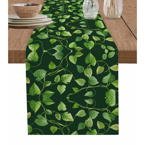 Green Plant Table Runner Cotton Linen 90 Inch Holiday Dresser Scarves, Spring Leaves Retro Pastoral Botanical Tablerunner for Kitchen Coffee Dining Bedroom Living Room Dinner Scarf Décor 13''x90''