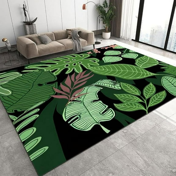 Green Plant Texture Area Rug, Modern Tropical Rainforest Plant Pattern Living Room Rug, Washable Bedroom Carpet, Soft Non Slip Dining Room Office Kitchen Nursery Rugs 4 x 6ft