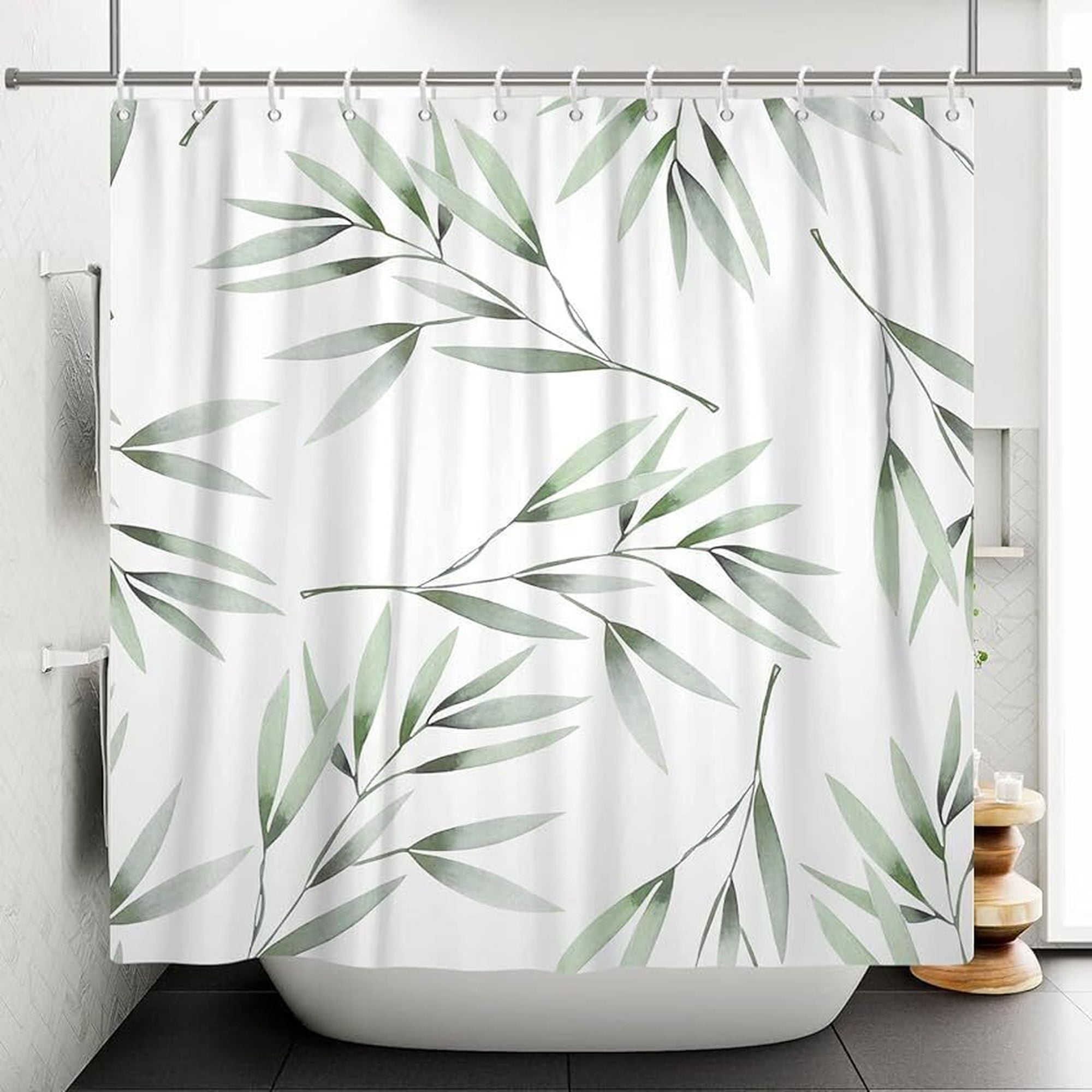 Green Plant Watercolor Shower Curtain Tropical Bamboo Leaf Bathroom