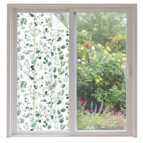 Green Plant Window Privacy Film Eucalyptus Leaf Watercolor Farm Decorative Glass Window Film UV Blocking Static Cling Non-Adhesive Sticker Covering for Home Door 35.4x78.7 inches