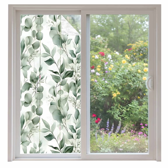Green Plant Window Privacy Film Watercolor Eucalyptus Leaf Farm Decorative Glass Window Film UV Blocking Static Cling Non-Adhesive Sticker Covering for Home Door 35.4x78.7 inches