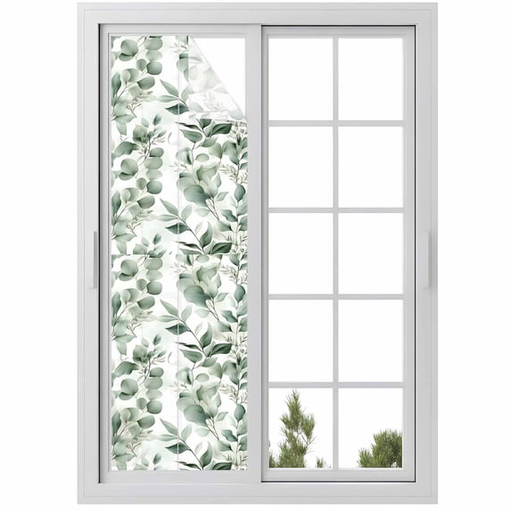 Green Plant Window Privacy Film Watercolor Eucalyptus Leaf Farm Decorative Glass Window Film UV Blocking Static Cling Non-Adhesive Sticker Covering for Home Door 17.7 x 78.7 inches