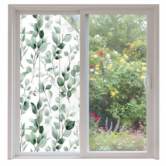 Green Plant Window Privacy Film Watercolor Eucalyptus Leaf Farmhouse Decorative Glass Window Film UV Blocking Static Cling Non-Adhesive Sticker Covering for Home Door 35.4x78.7 inches