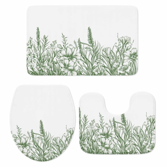 Green Plants Bath Mat 3 Piece Bathroom Rug Set, Lavender Floral Spring Wildflower White Non Slip Bath Rug Contour Mat and Toilet Lid Cover, Absorbent Shower Mats Soft Bath Rugs and Mats Sets