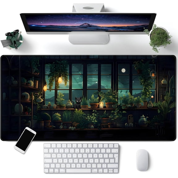Green Plants Desk Mat Cute Cat Lofi Aesthetic Desk Pad Anime Large Gaming Mouse Pad Full Desk Mousepad XXL Extended Mouse Keyboard Mat Desktop Mat Cute Desk Decor for Women 31.5''''X15.7''''