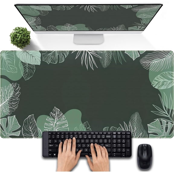 Green Plants Desk Mat Tropical Leaves Mouse Pad Cute, Large Extendded Gaming Deskmat, XXL Laptop Keyboard Mouse Mat Desktop Matt Women Office Desk Accessories Mousepad Desk Cover Mat 31.5" × 11.8"