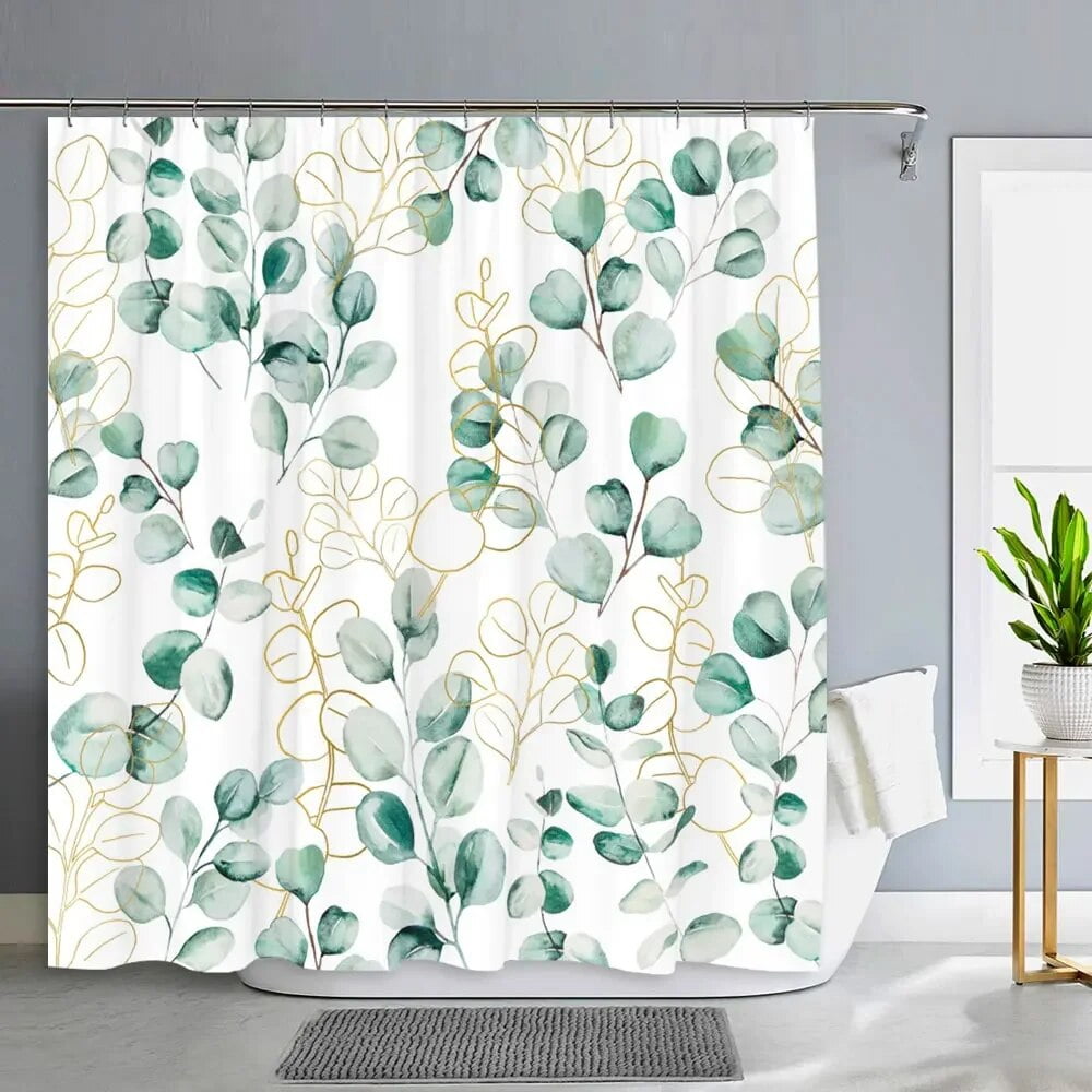 Green Plants Eucalyptus Leaves Shower Curtain Natural Watercolour