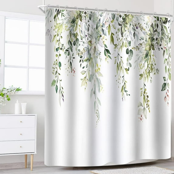 Green Plants Eucalyptus Shower Curtain (72” x 72”), Spring Shower Curtains for Bathroom, White Watercolor Botanical Leaves Shower Curtain Sets with 12 Hooks