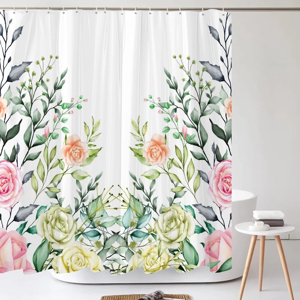 Green Plants Flowers Waterproof Polyester Shower Curtains Ecofriendly