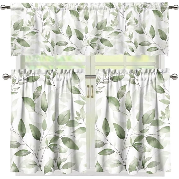 Green Plants Kitchen Window Curtains Valance and Tier Set 36 Inch, Spring Rod Pocket Short Tier Curtain, Floral Small Cafe Drapes for Kitchen Decor