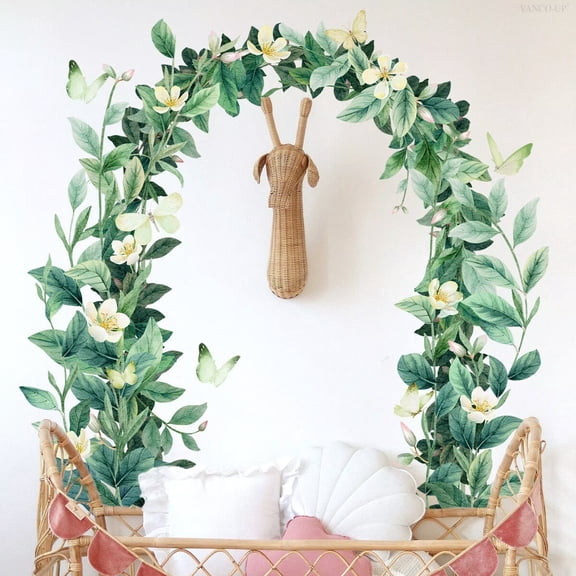 Green Plants Leaves Wall Decals Peel and Stick, Large Floral Flowers Vinyl Wall Stickers, Removable Vine Home Decor Art for Bedroom Living Room Classroom Office