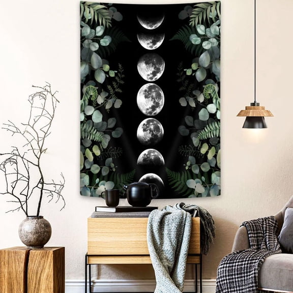 Green Plants Moon Phase Tapestry Green Eucalyptus Fantasy Wall Hanging Aesthetic Botanical Floral Wall Art Small Boho Hippie Mandala Tapestry for Room Decor 30X40 Inches
