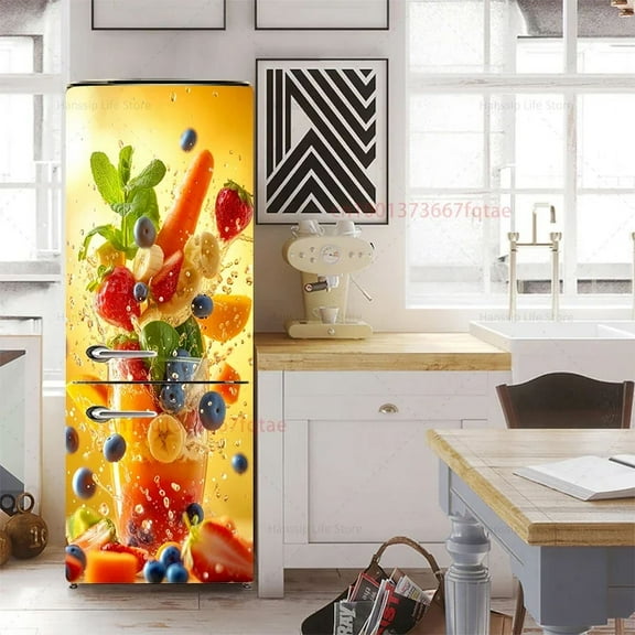Green Plants Palm Leaves Mural Fridge Door Sticker rations Waterproof PVC Delicious Fruit Refrigerator Door Wrap Decals