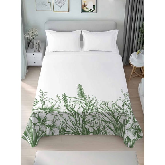Green Plants Queen Size Flat Sheet, Wrinkleproof & Fadeproof Cooling Flat Bed Sheet Only, Lavender Floral Spring Wildflower White Breathable Soft Bedding Top Sheets 90 x 102 Inches