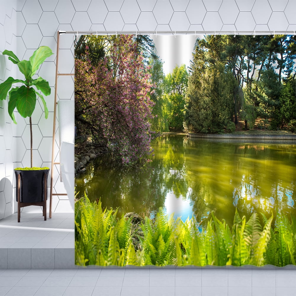 Green Plants Scenery Shower Curtain Set Forest Tree Lawn Natural ...