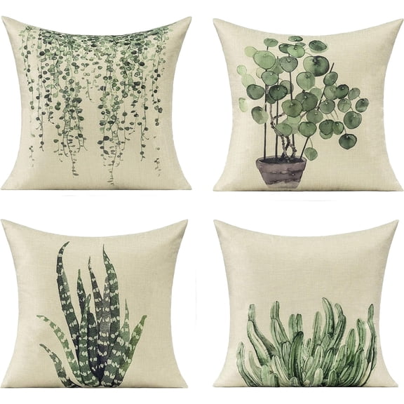 Green Plants Summmer Outdoor Throw Pillow Covers for Patio Furniture Garden Bench Porch Spring Green Decorative Cushion Cases Succulent Home Decor 16x16 Set of 4 Couch Sofa