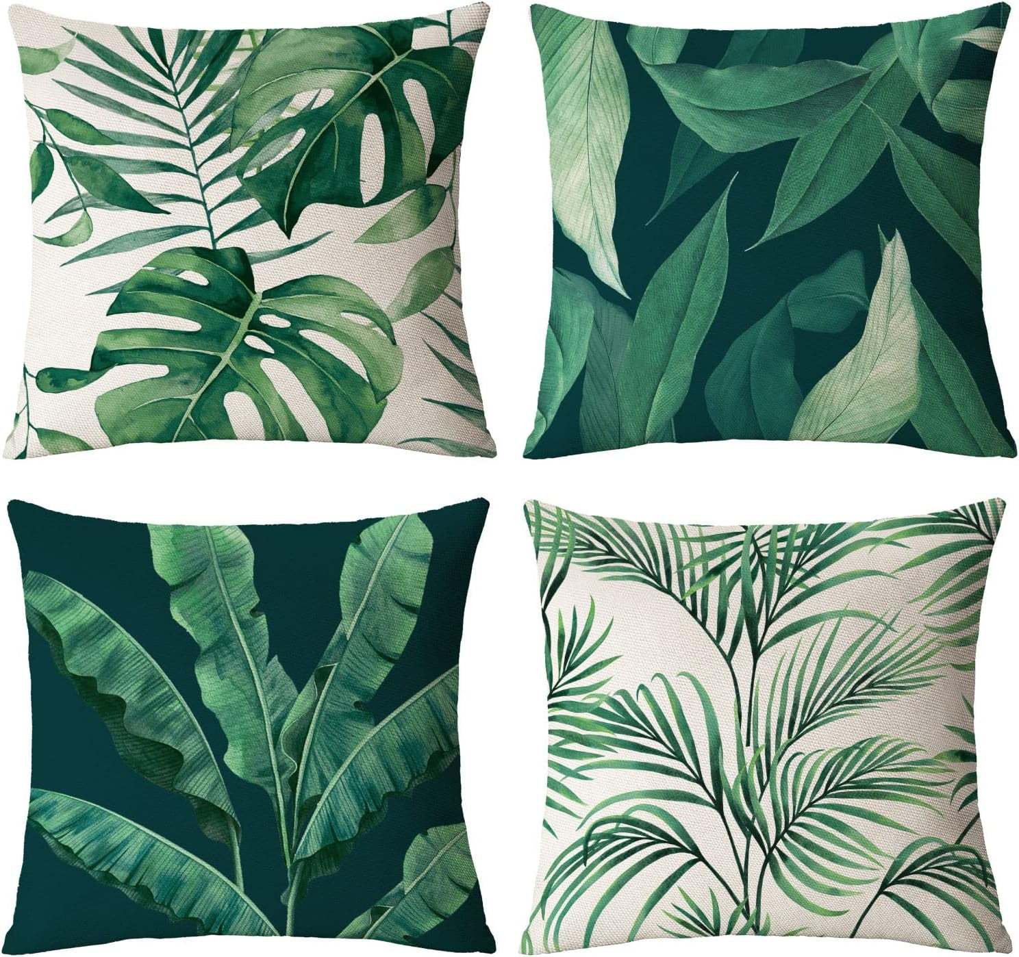 Green Plants Throw Pillow Covers 16x16 Set of 4 Tropical Leaf Pillow
