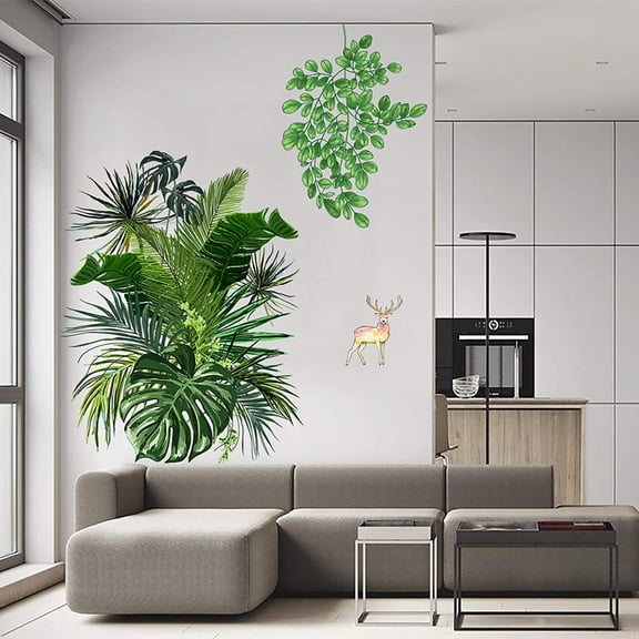 Green Plants Wall Stickers, Removable Waterproof Fresh Leaves Stick Wall Decals, Vibrant Tropical Leaf Peel and Stick Art Murals for Bedroom Living Room Office Home Decorations