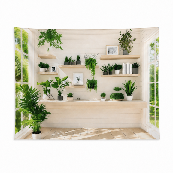 Green Plants and Sunlit Window Printed Backdrop, 210 x 150 cm