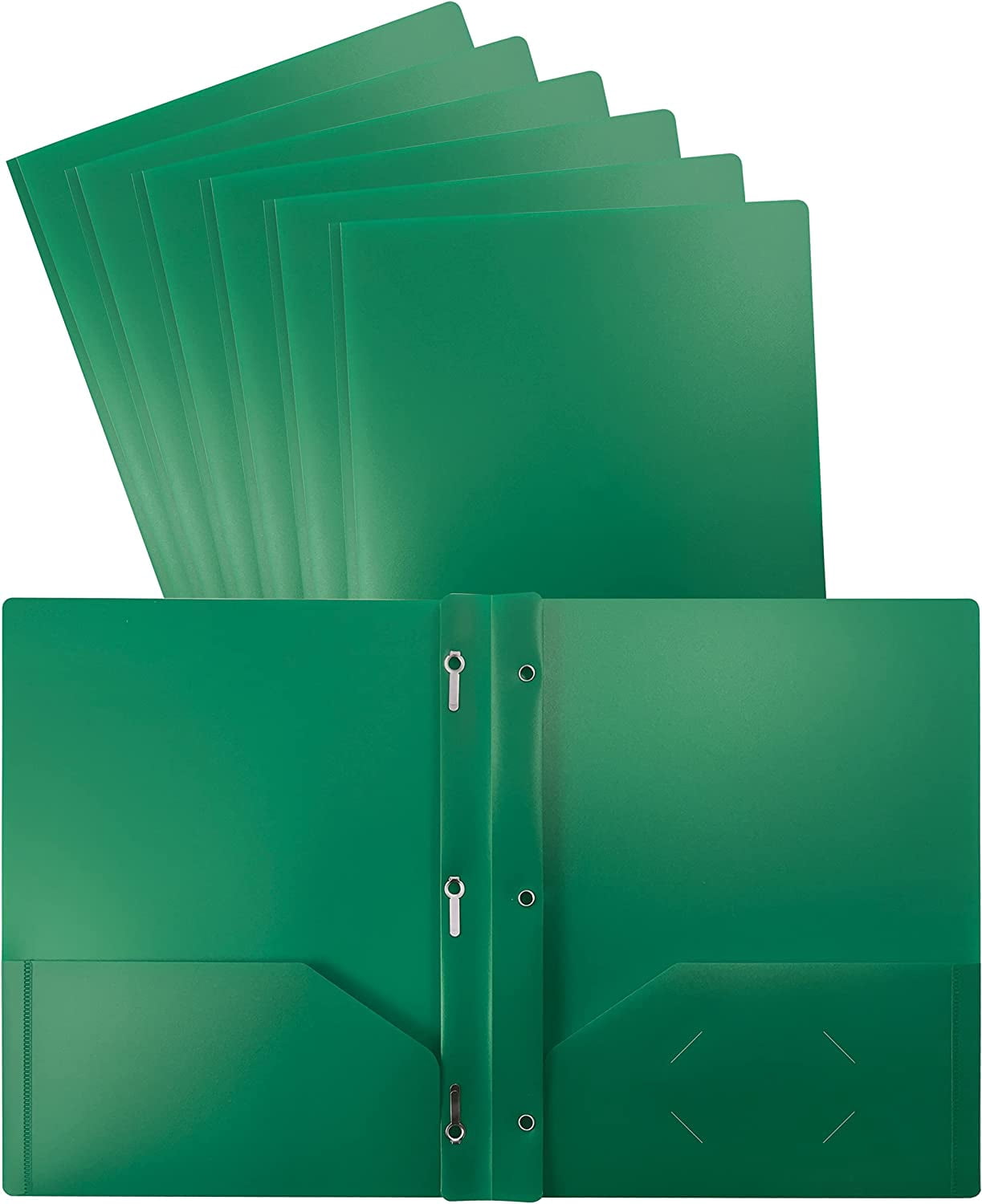 Green Plastic 2 Pocket Folders with Prongs, Heavyweight, Letter Size Poly Folders, 24 Pack, with 3 Metal Prongs Fastener Clips, Green