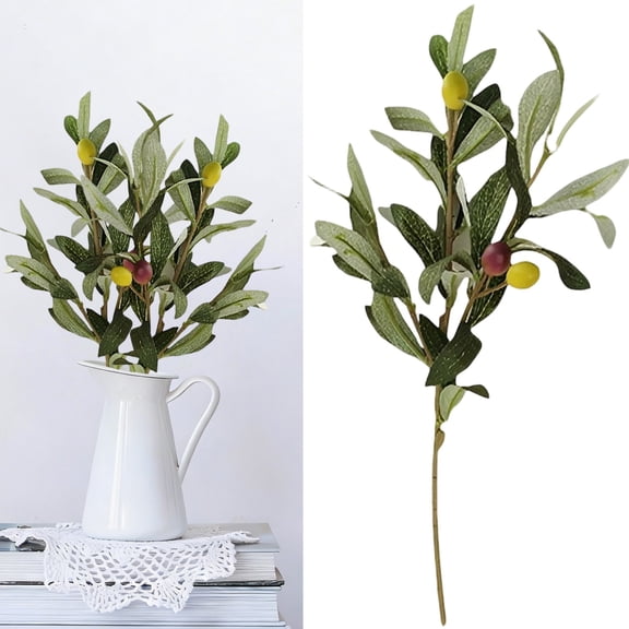 Green Plastic Artificial Olive Branch - Faux Leaf Garland for Home Indoor Vase Arrangement, Centerpiece & Farmhouse Decor (1 Stem)